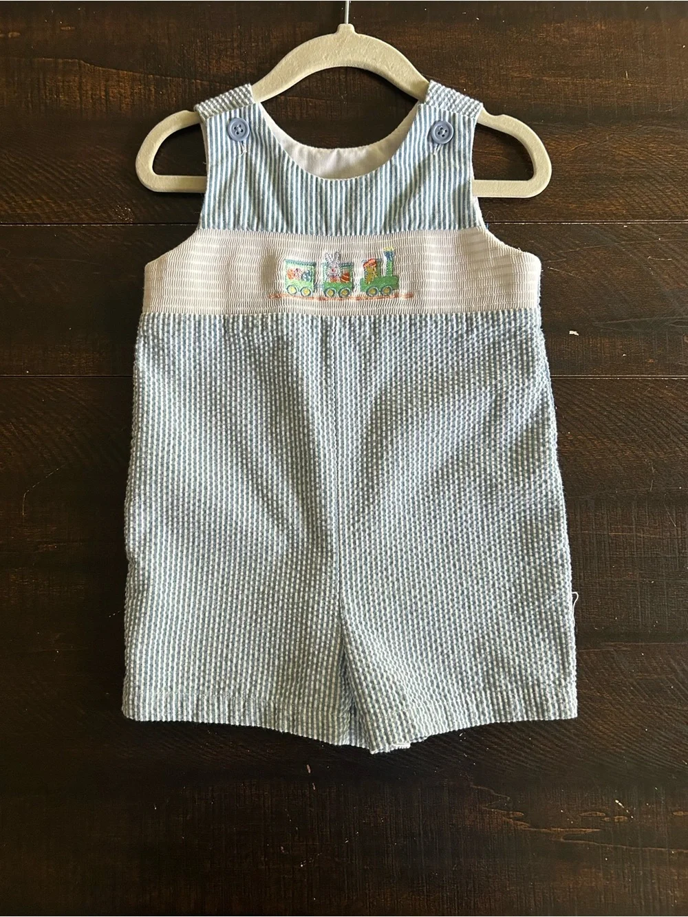 Smocked Train Seersucker Jon Jon Shortall Romper Blue Striped Boy
